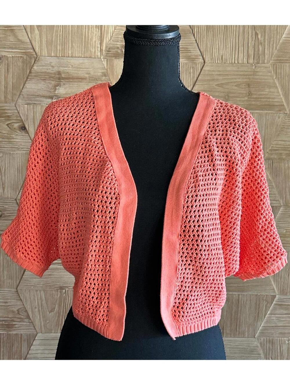 Womens Cropped Fairycore Cardigan S/M Peach Short Sleeve Crochet Open Front